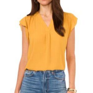 NEW Vince Camuto Womens XS V-Neck Flutter-Sleeve Golden Yellow Blouse Sheer